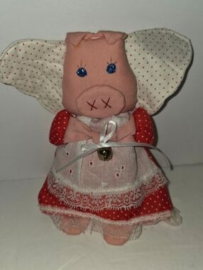 Vintage Handmade Pig Angel Christmas Tree Ornament. Red Dress Halo, Lace & Bell